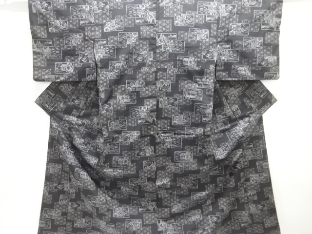 家屋風景模様織り出し西陣伝承紬着物アンサンブル